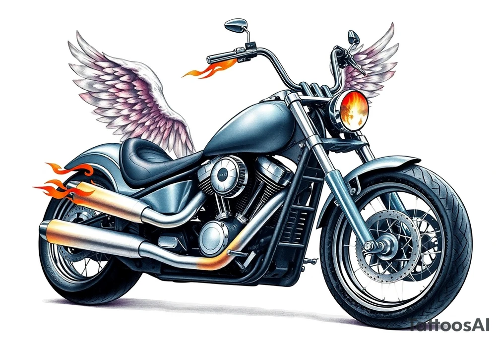 Low rider grey motorcycle, big muffler pipes with flames, angel wings, driving away, no person tattoo idea