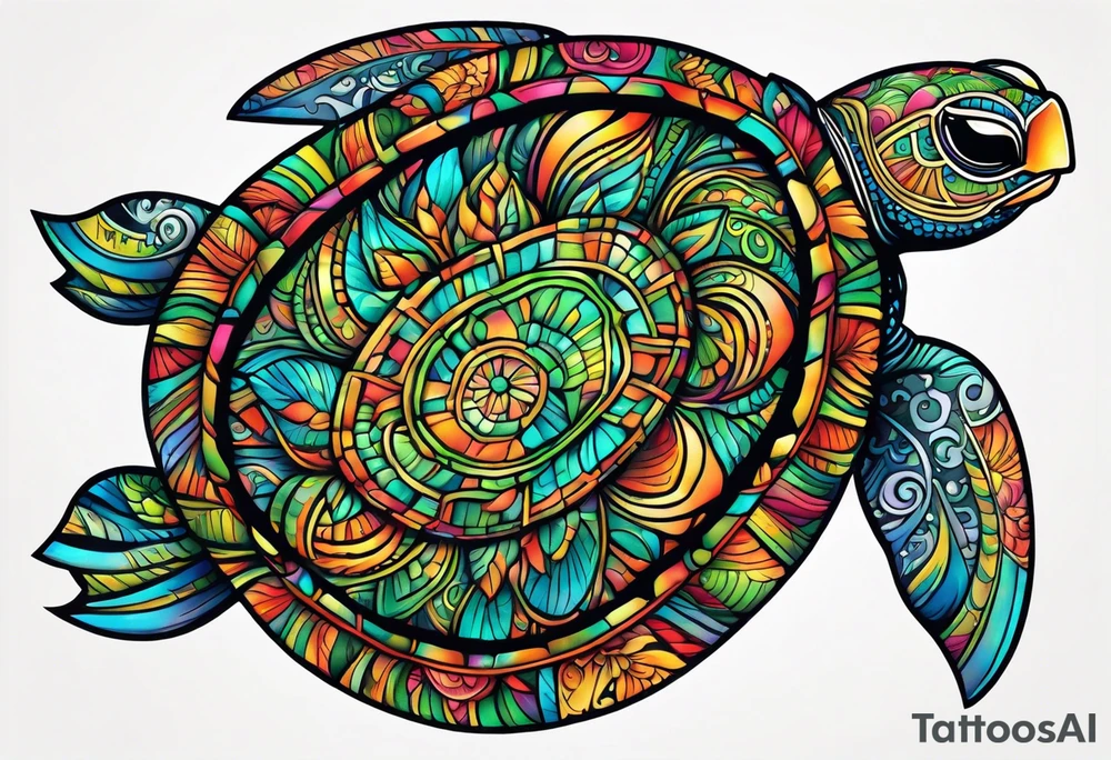 tropical psychedelic turtle's back, top down view, as seen from above tattoo idea