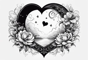 Crescent moon with a heart inside, shrouded by beautiful flowers with wisps of mist tattoo idea