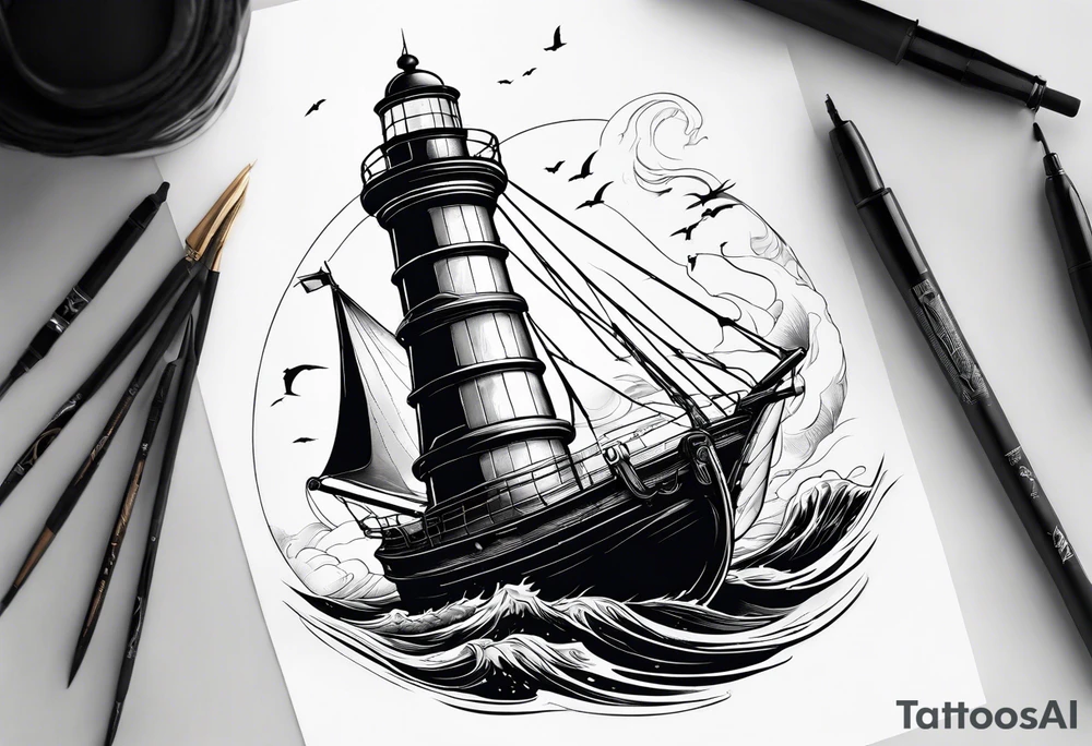 ghost marine lighthouse behind the bow of a sailboat. tattoo idea