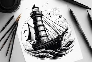 ghost marine lighthouse behind the bow of a sailboat. tattoo idea