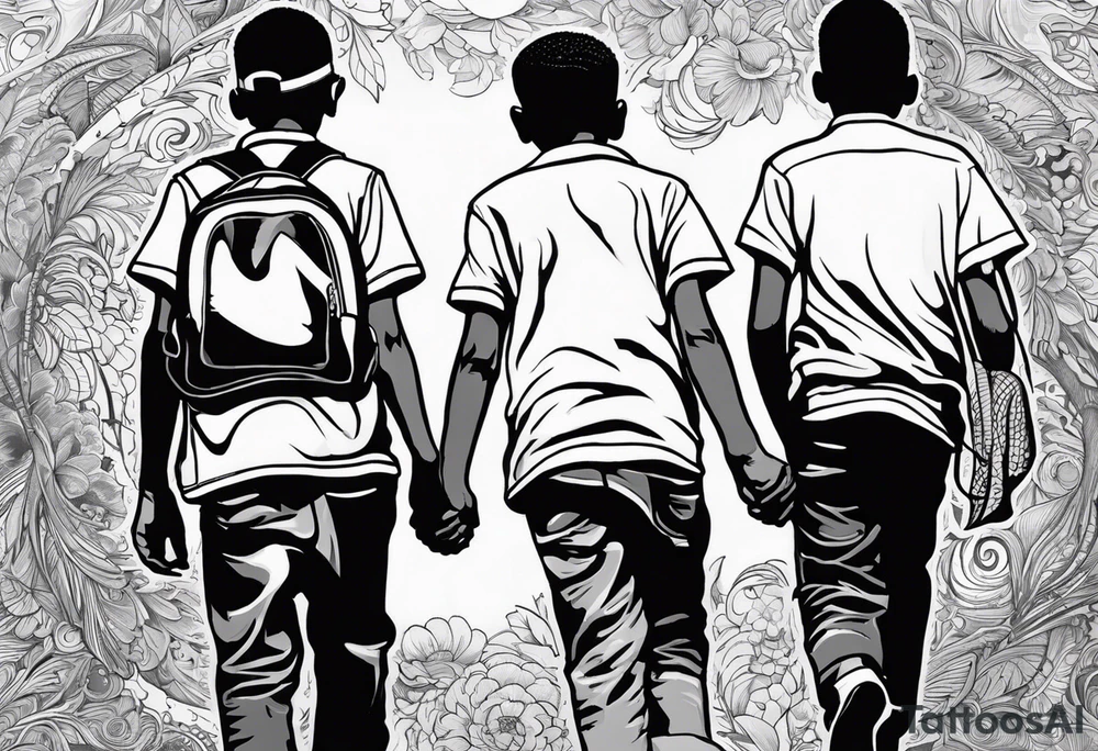 full bodies of 3 black school age boys walking away together and one is looking to the side at the one in the middle tattoo idea