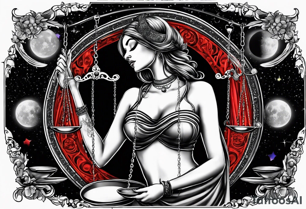 Beautiful woman blindfolded holding the libra scales, in the background is the libra constellation with a halfmoon surrounding half of the woman. The scales hang from the bottom of the half moon. Vibrant colors intensify the picture tattoo idea