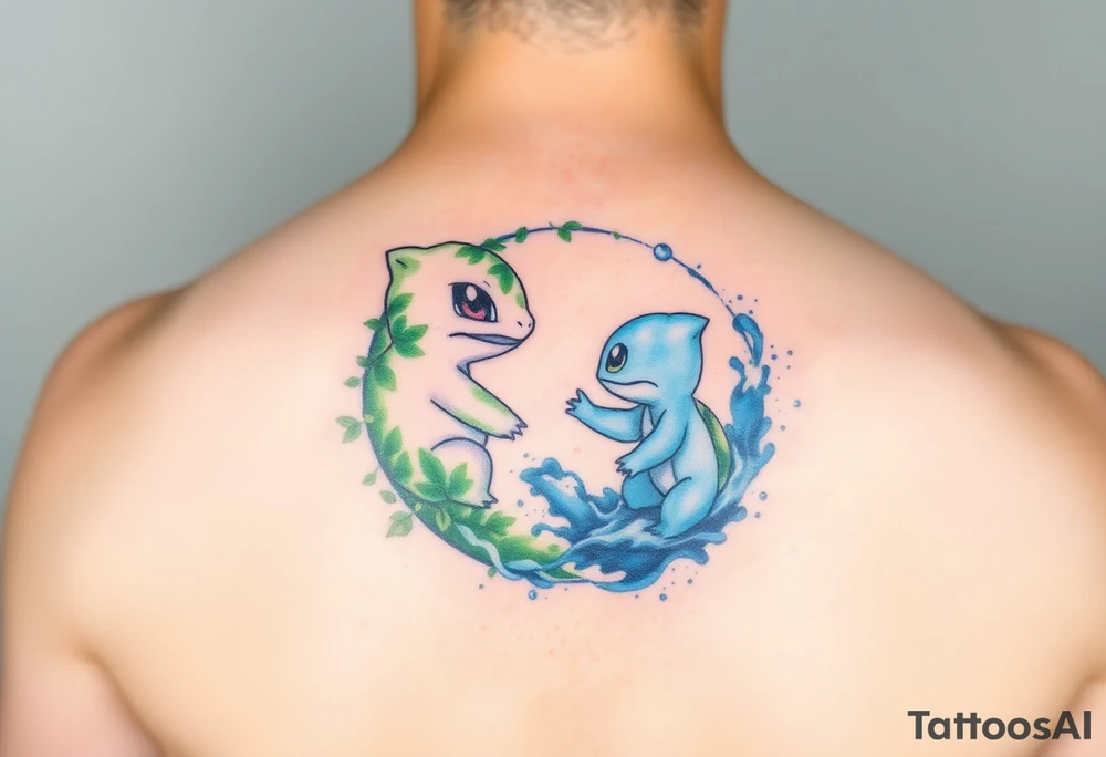 A yin-and-yang watercolor tattoo featuring Bulbasaur and Squirtle in their natural habitats. Bulbasaur forms the yin side, nestled in a lush forest environment with soft green watercolor washes, leaves, vines, moss, and gentle earthy textures. Squirtle forms the yang side, flowing through water with dynamic blue watercolor splashes, waves, bubbles, and light reflections. Their bodies curve together to complete the circular yin-yang symbol. The style is soft watercolor with subtle ink outlines, fluid motion, balanced contrast between earth and water, minimal background, and a harmonious, serene energy. tattoo idea