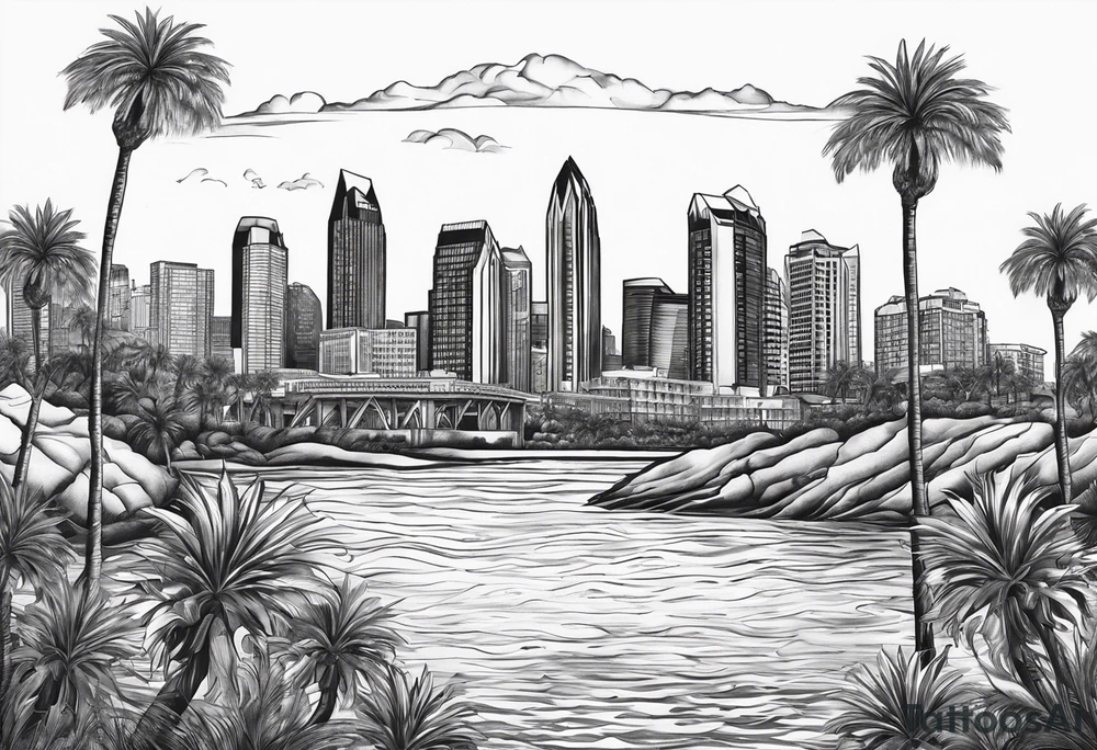 Water leading up to the San Diego skyline with palm trees tattoo idea