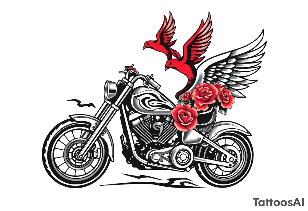 Harley grey motorcycle driving away, two red birds flying, roses, flames, angel wings tattoo idea