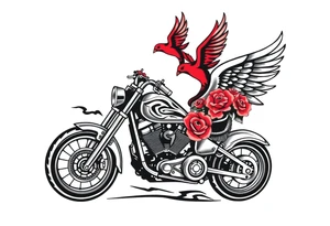 Harley grey motorcycle driving away, two red birds flying, roses, flames, angel wings tattoo idea