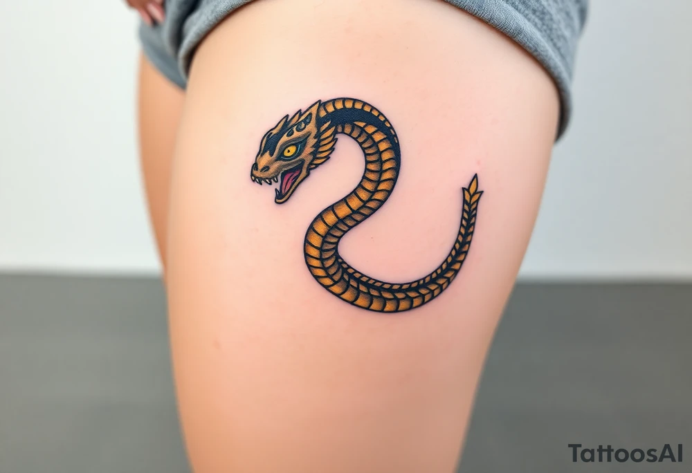 A highly detailed black and gold Ouroboros, with intricate scales and glowing eyes, symbolizing eternity and self-renewal. tattoo idea