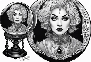 Madame leota from disney haunted mansion in crystal ball on gothic stand with raven at side tattoo idea