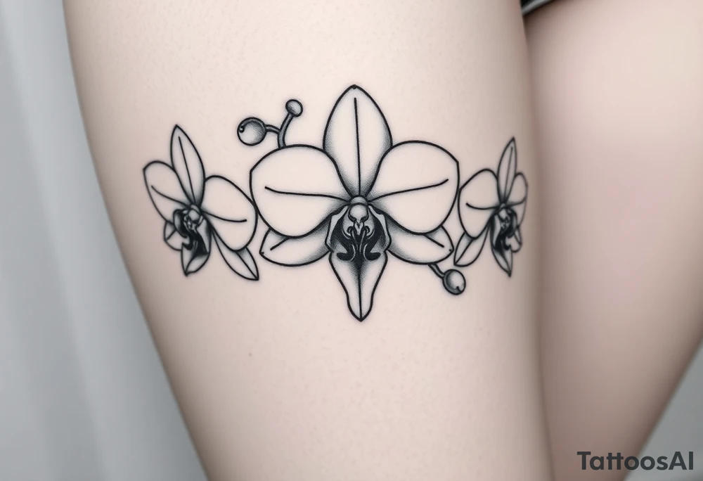 Draw of three fine line orchids different size realistic, the central part resembles a vagina. Are connected with branches tattoo idea