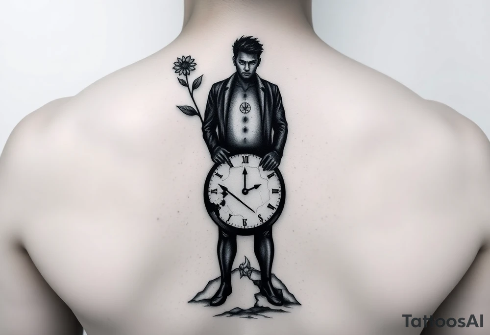 A masculine, minimalist silhouette of a confident young man standing on a small cracked and textured planet. Behind him floats a fragmented, angular broken clock face symbolizing anxiety and broken time. A single, sharp geometric flower grows from the planet, representing love and struggle. A small, sharp star or flame symbol glows on his chest, symbolizing inner strength and passion. The design uses bold, clean, angular lines with minimal shading, emphasizing strength and resilience. tattoo idea