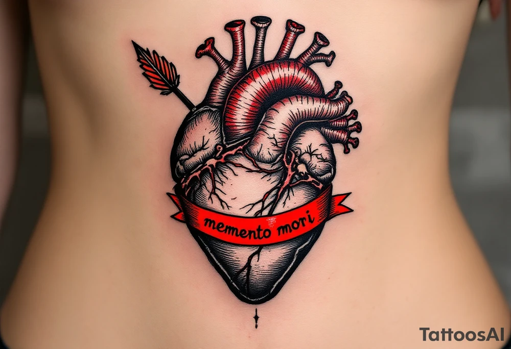 A vintage anatomical heart, pierced by a black arrow, with the phrase "memento mori" written in a blood-red ribbon. tattoo idea