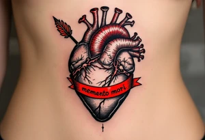 A vintage anatomical heart, pierced by a black arrow, with the phrase "memento mori" written in a blood-red ribbon. tattoo idea