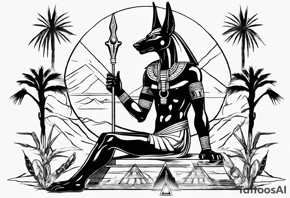 Egyptian god Anubis with snakes next to him in the desert tattoo idea