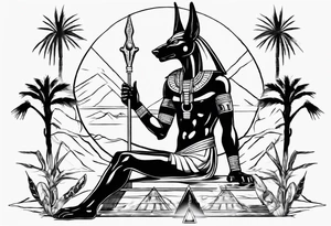 Egyptian god Anubis with snakes next to him in the desert tattoo idea