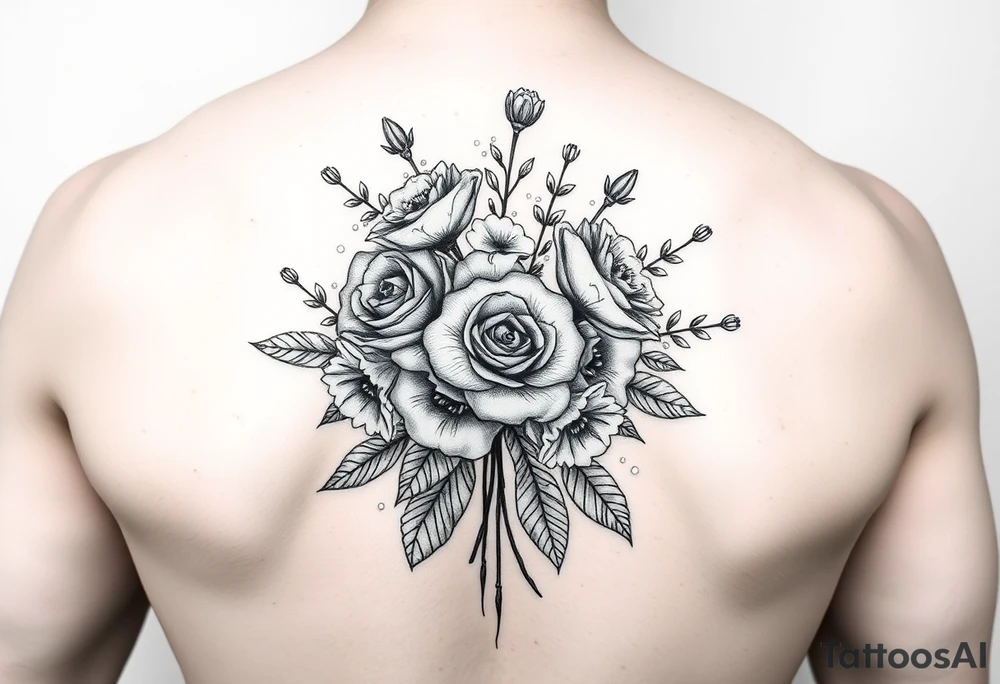 vintage bouquet of wild roses and meadow flowers with morning dew tattoo idea