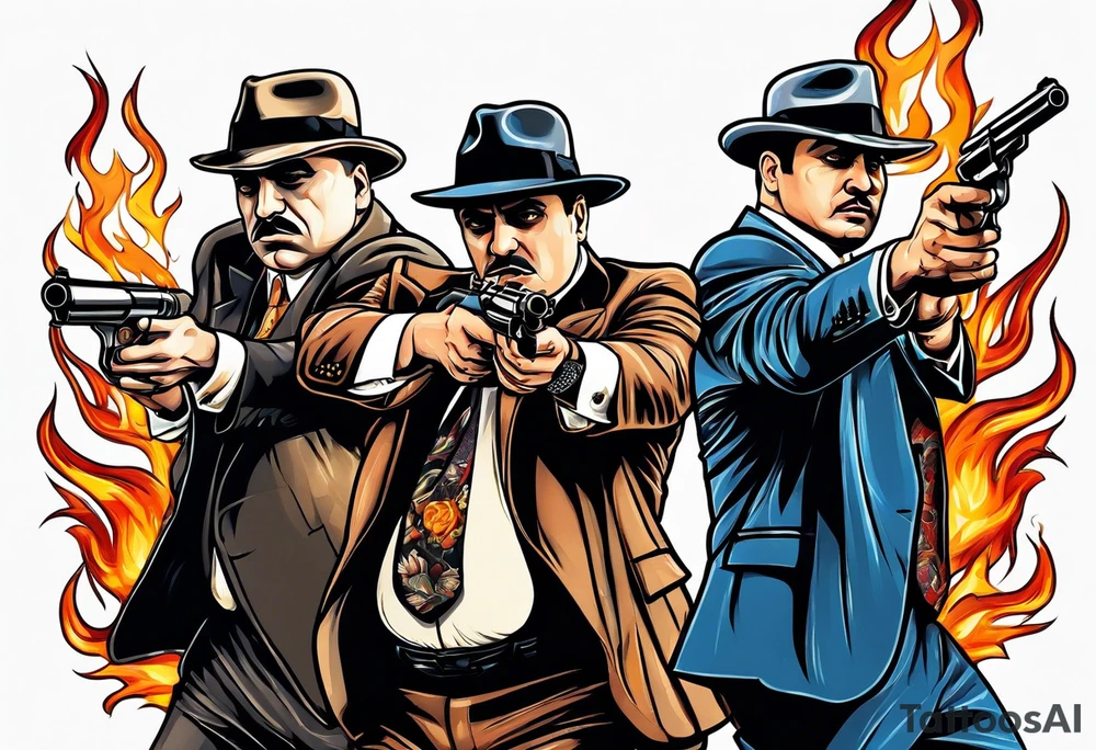 capone style gangsters having a shootout against a dark background scene with flames blues tattoo idea