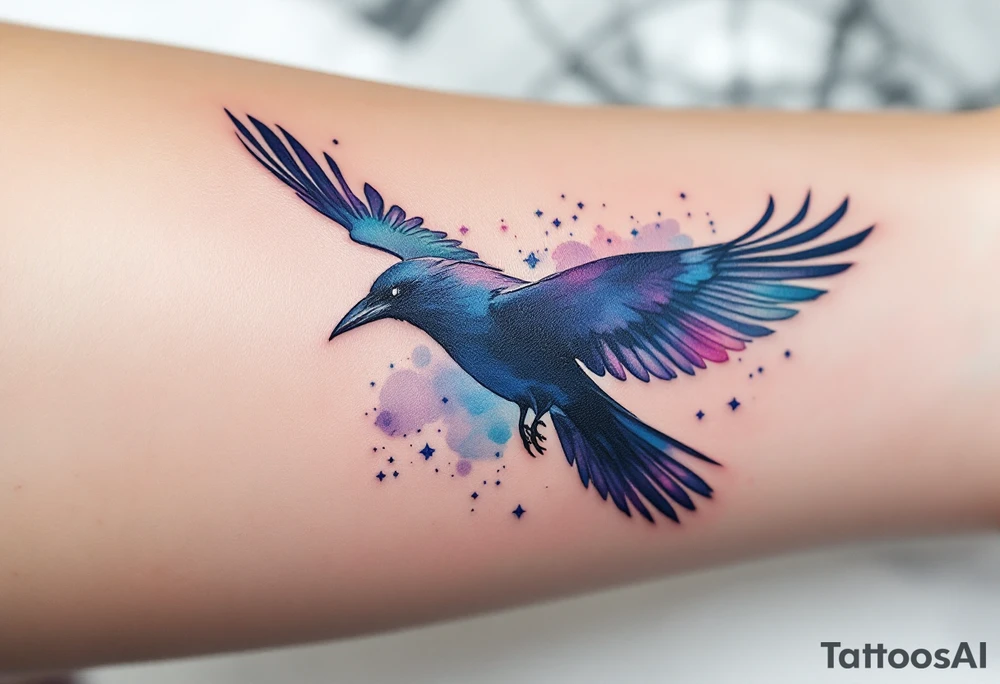 Flying Crow with Watercolor Sky – A crow in mid-flight with extended wings, surrounded by a background of soft watercolor blues, purples, and pinks for a dreamy atmosphere. tattoo idea