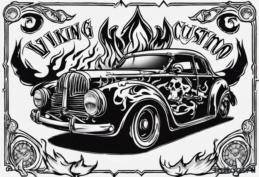 I want a tattoo of a skeleton with flames driving an old vintage car and i want the name “Viking Customs” to be in the tattoo tattoo idea