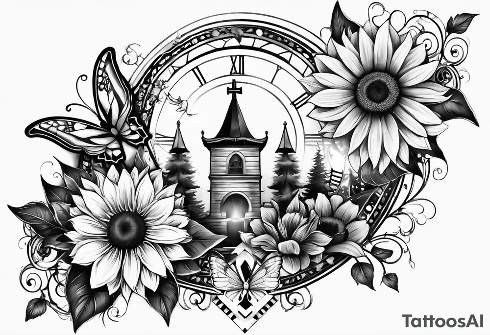 Arm sleeve with Winged cross with sunflower and butterflies tattoo idea