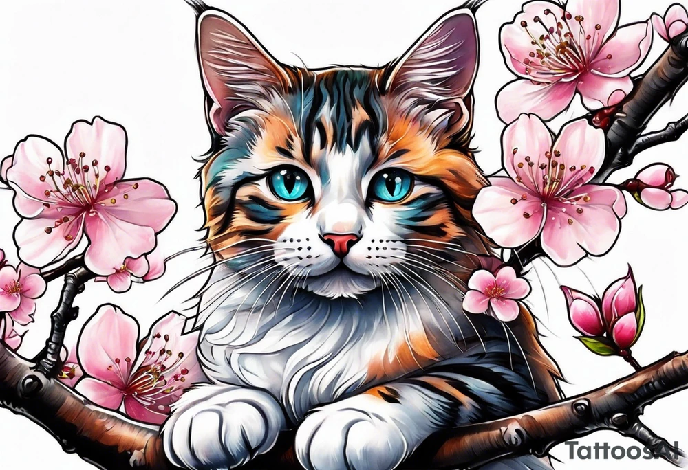 A kitty perched upon a cherry blossom  branch for a tatto on my biceps tattoo idea