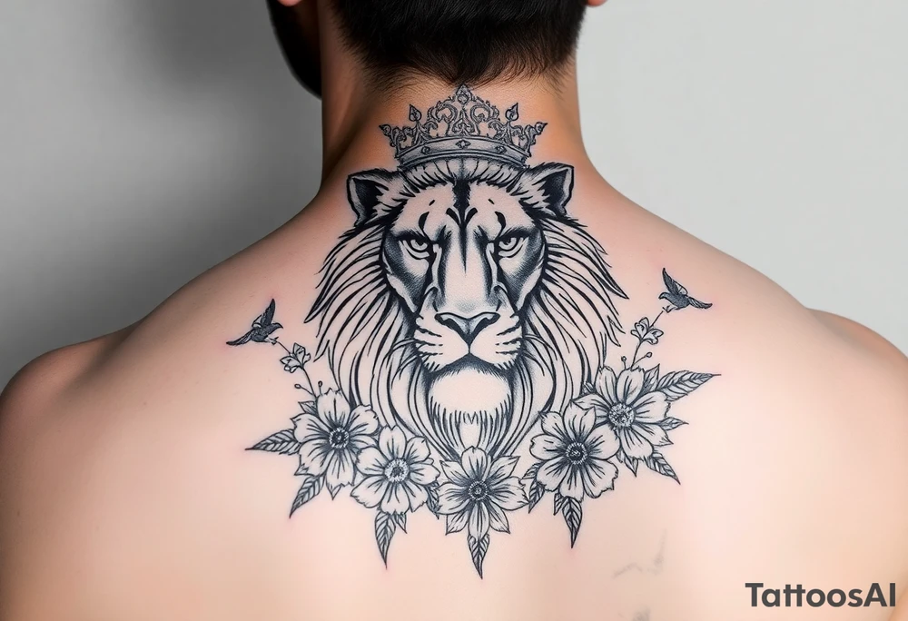 powerful majestic lion with a crown, surrounded by floral ornaments and birds tattoo idea