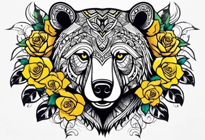 A tribal bear on top of a butterfly and yellow rose tattoo idea