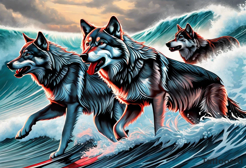 a pack of 3 howling muscular  gray wolves surfing waves with a linear background with red, white and black and gray tattoo idea