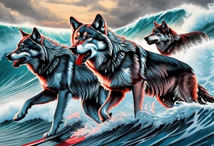 a pack of 3 howling muscular  gray wolves surfing waves with a linear background with red, white and black and gray tattoo idea
