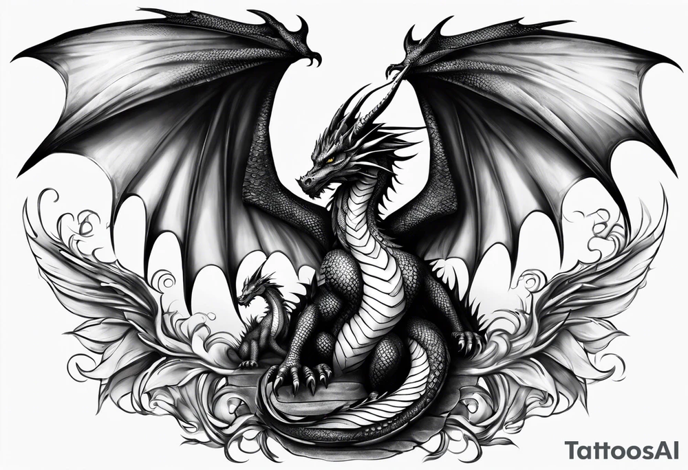 Mother dragon wings spread protecting her three young dragon babies tattoo idea