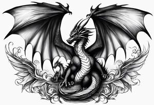 Mother dragon wings spread protecting her three young dragon babies tattoo idea