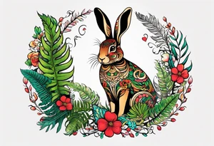 Base Design: upper armband

Include:
LOVE
fern spirals
boxing hare

use only UK flora and fauna tattoo idea