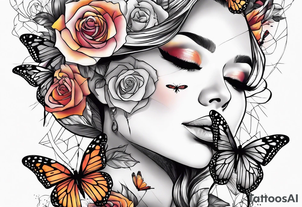 Sunset, rose, butterflies, dragonflies, woman half face with tears tattoo idea
