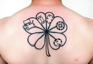 A four-leaf clover with a slot machine, a pack of cars, a pair of dice, and a roulette table in each leaf tattoo idea