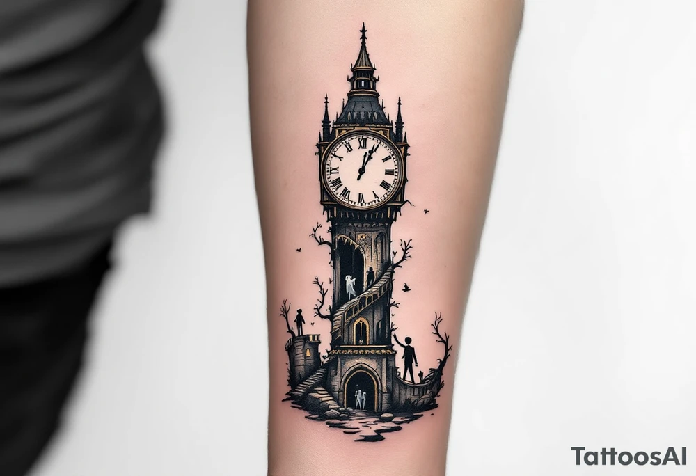 Tim Burton’s clocktower stands crooked and broken, with brass tones and shadowy figures trapped inside. tattoo idea