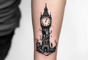 Tim Burton’s clocktower stands crooked and broken, with brass tones and shadowy figures trapped inside. tattoo idea