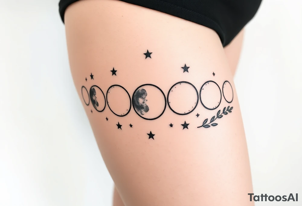 the 9 moon phases with stars and olive branches tattoo idea