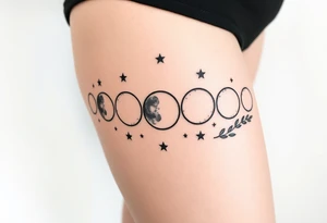 the 9 moon phases with stars and olive branches tattoo idea
