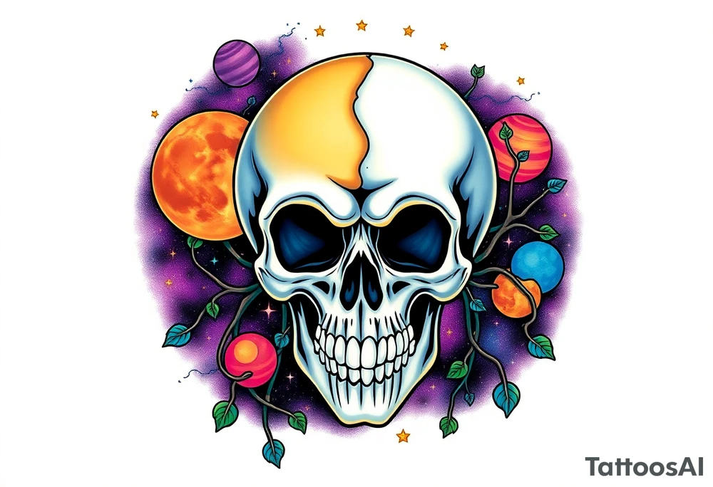 gothic skull as the moon and life as the sun. intertwined with climbing  vines as space dust connecting planets and galaxy in background of skull really bright colors used for the planets and stars shade's of Purple, Blue and black as the backdrop for galaxy tattoo idea