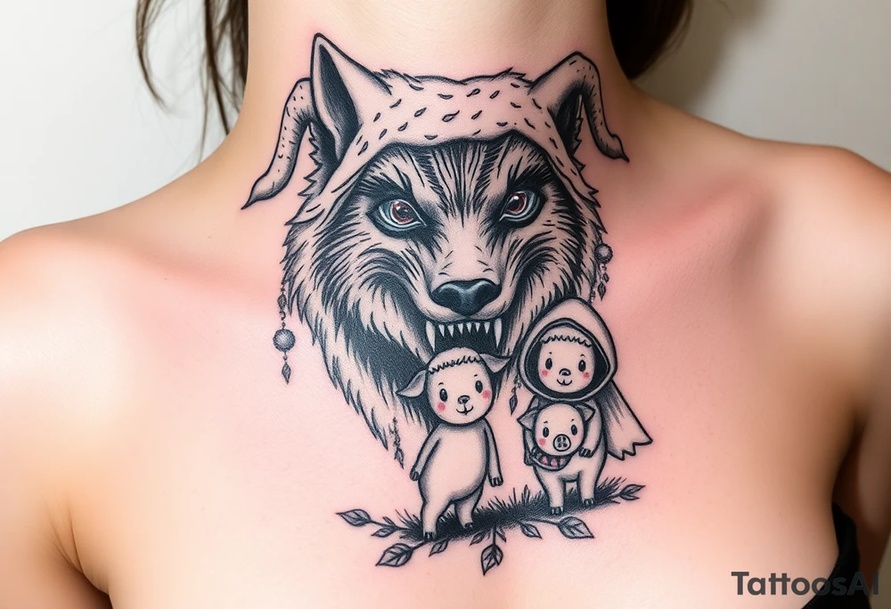 Big bad wolf nursery rhyme wearing a sheep costume with sheep head as hood and eat the three little pigs and little red riding hood in the woods tattoo idea