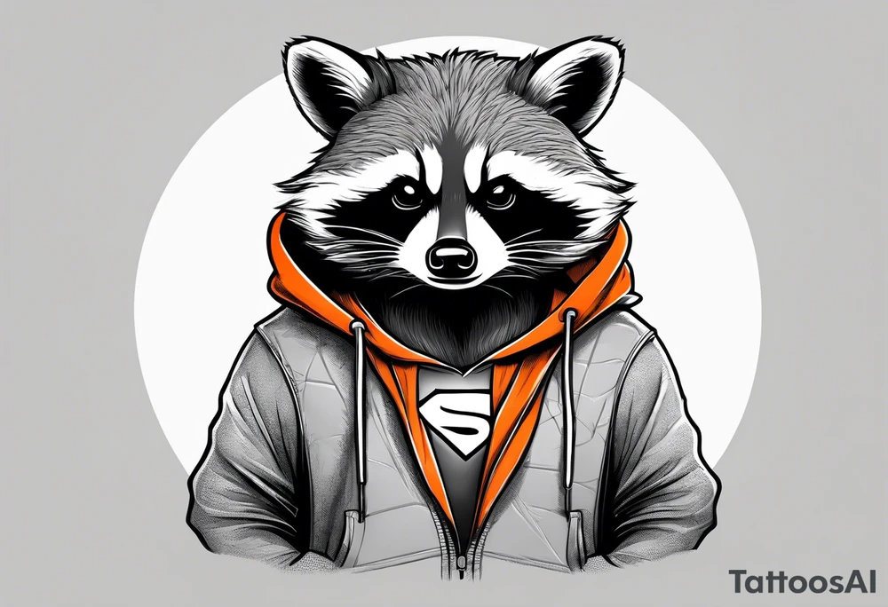 Raccoon wearing an orange Superman hoodie tattoo idea