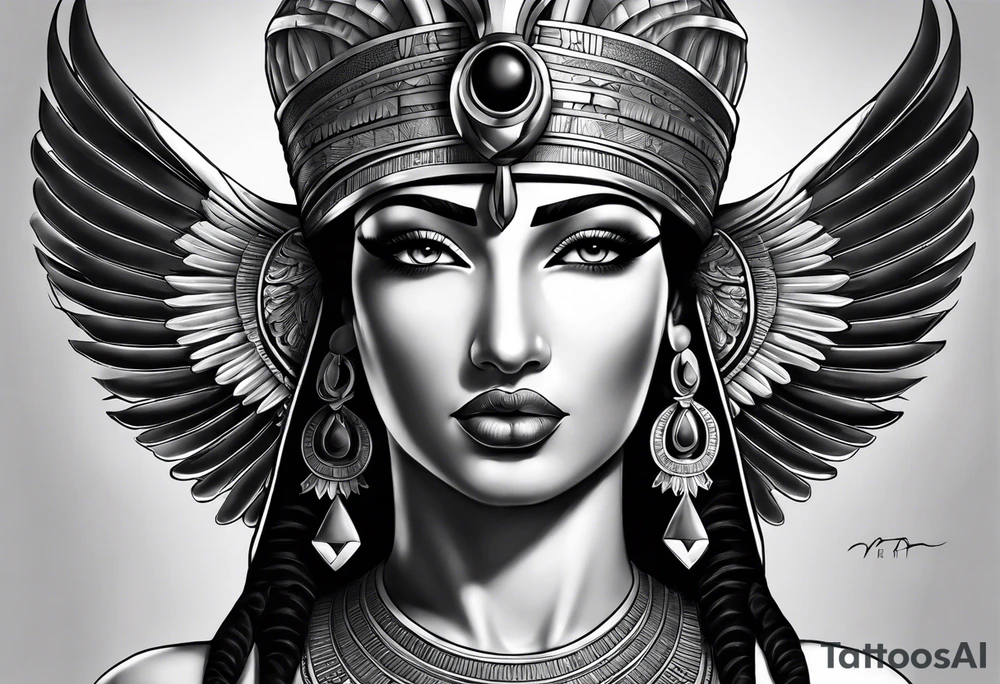 full body 
black and gray photo realistic goddess isis tattoo idea
