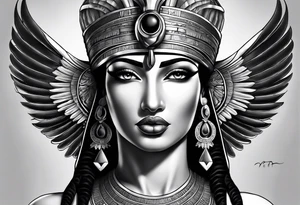 full body 
black and gray photo realistic goddess isis tattoo idea
