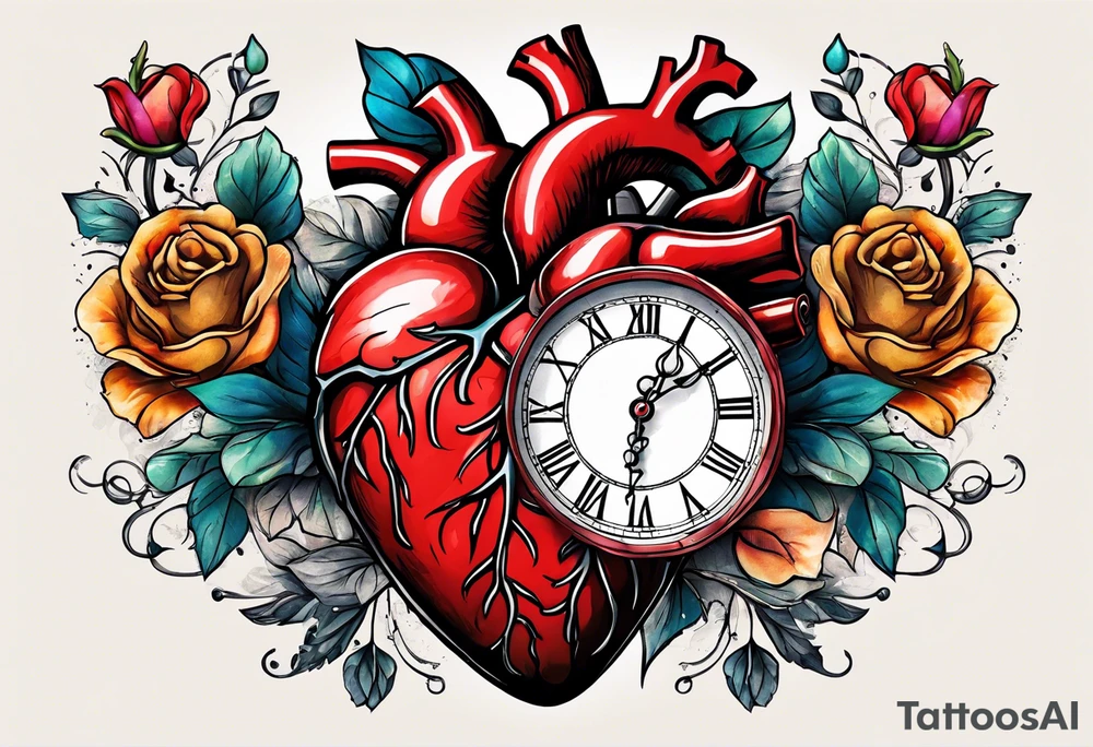 anatomical heart with clock in middle.
Clock hands on 8 and 5.
Never Say Never written on tattoo tattoo idea