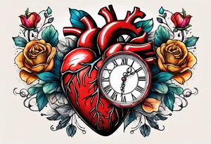 anatomical heart with clock in middle.
Clock hands on 8 and 5.
Never Say Never written on tattoo tattoo idea
