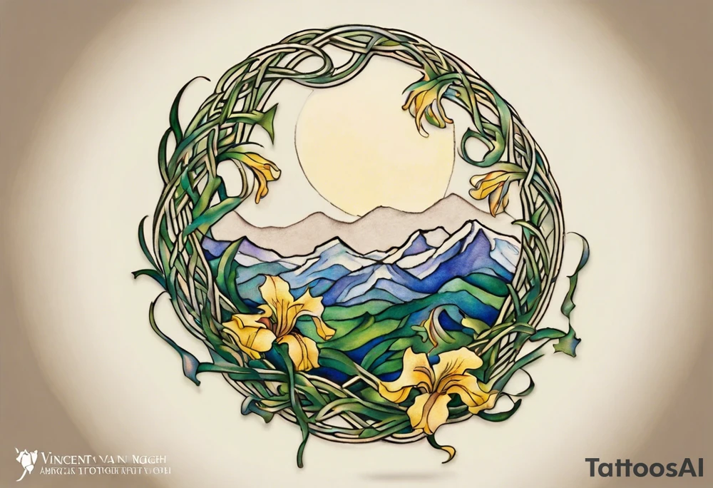 Create a small, colorful Vincent van Gogh Irises tattoo in the form of a crescent, with vines in Celtic knot style gracefully intertwining at a central point in the middle of the wreath. The intended placement is on the upper chest. The middle needs mountains. The overall design should be small in size while maintaining a delicate and artistic aesthetic. Pay attention to the graceful flow of the vines and the placement of the irises to achieve a refined and elegant look. tattoo idea