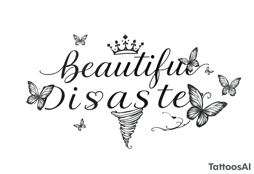 beautiful disaster with a 5 point crown hearts butterflys and a tornado with wind tattoo idea