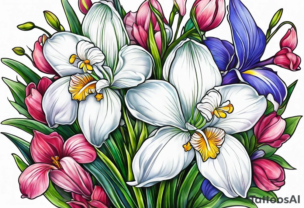 snowdrop, iris, cherry blossom, daisy, morning glory bouquet tattoo idea