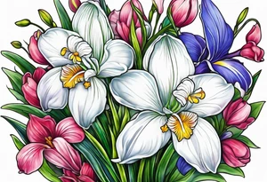 snowdrop, iris, cherry blossom, daisy, morning glory bouquet tattoo idea