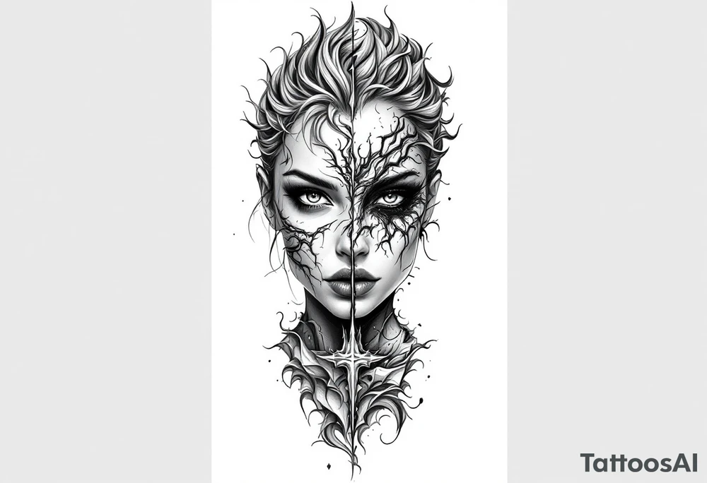 Half pure half corrupted female portrait tattoo tattoo idea